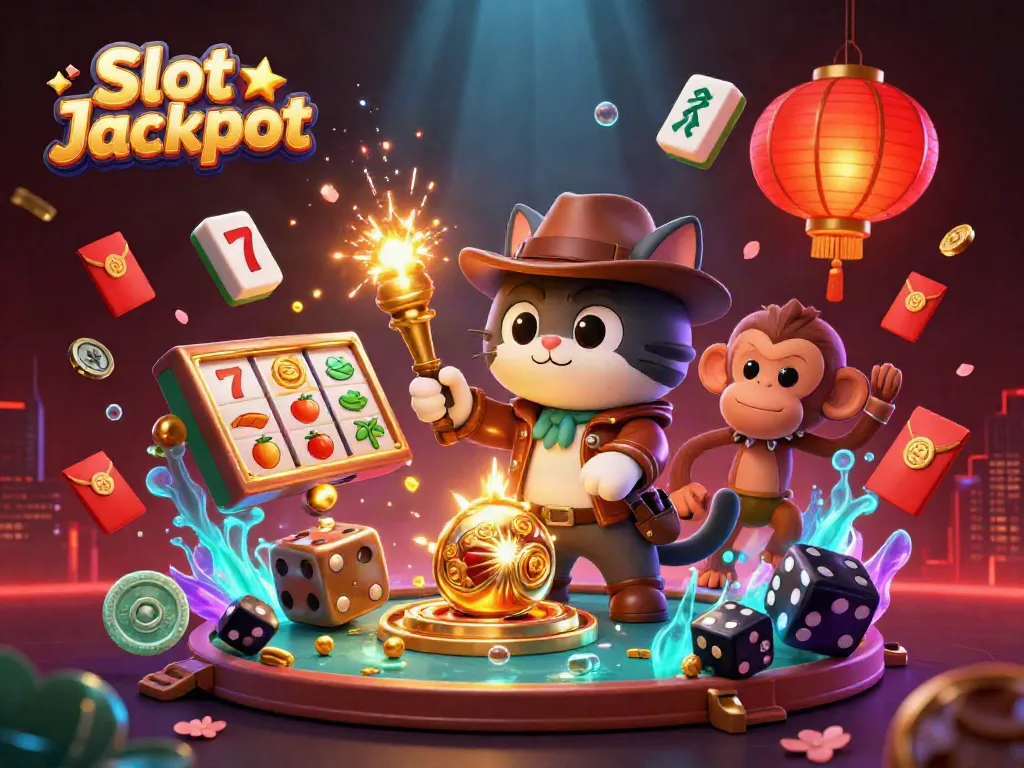 Gambarkan aksi Slot Jackpot dengan karakter kucing arkeolog yang menemukan artefak kasino di latar belakang yang penuh warna.
