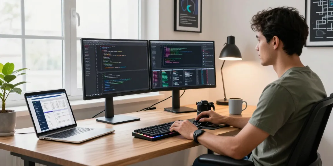 Developer working at a tech-focused workspace showcasing telegraimin.com project on dual monitors in a stylish home office.