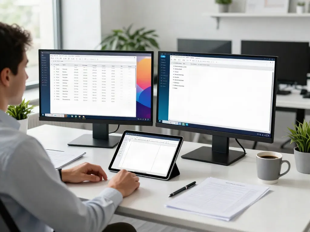 Tax software for multiple locations used by a professional tax preparer in a modern workspace.