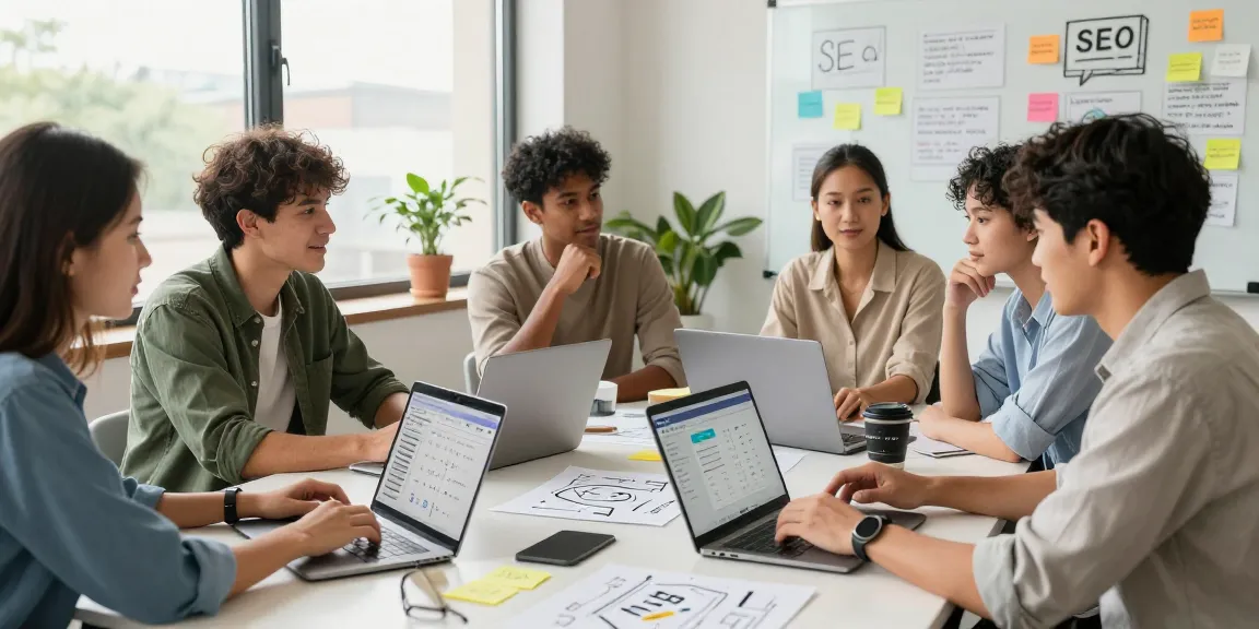 Team collaborating in a modern SEO Agency workspace, analyzing digital marketing strategies and data.