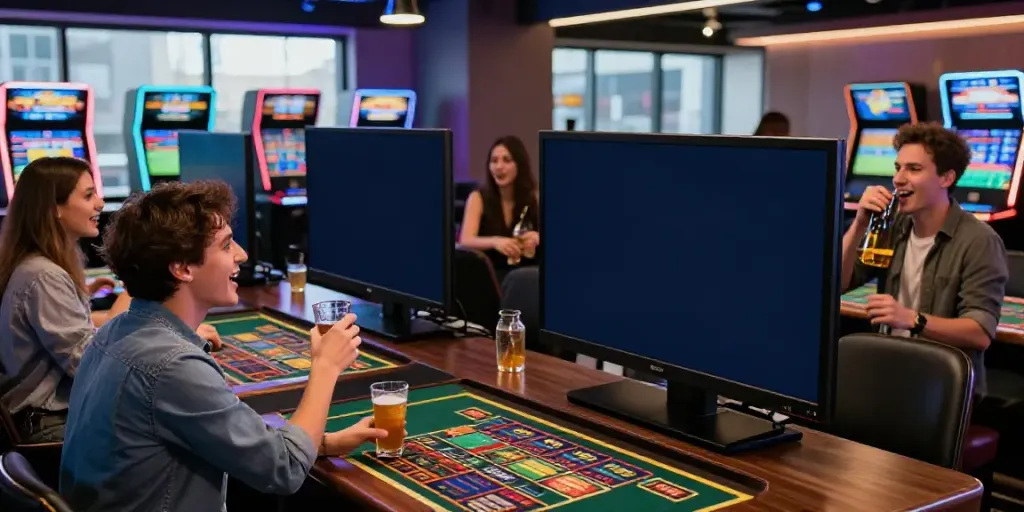 Excited friends enjoying Toto togel betting in a stylish lounge atmosphere.