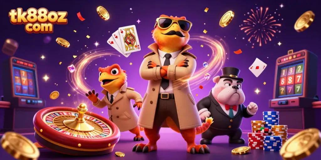 Experience fun at tk88oz com with cartoon raptors in a trench coat in a vibrant casino scene.