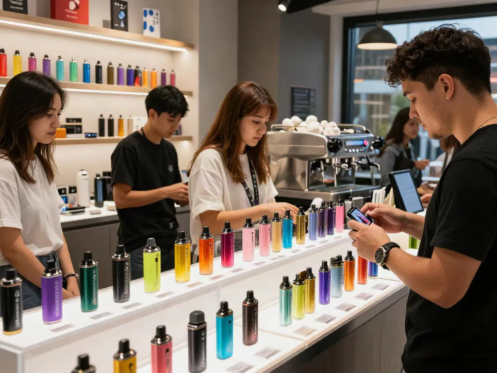 Engaging vape shop showcasing flum disposable vapes in vibrant flavors with customers exploring products.