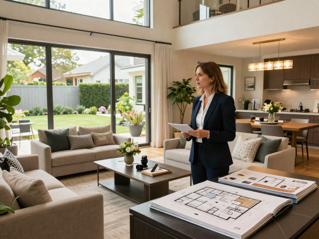 Engaging real estate professional showcasing a stylish home with features highlighted during an open house, promoting depo 10k in 2026.