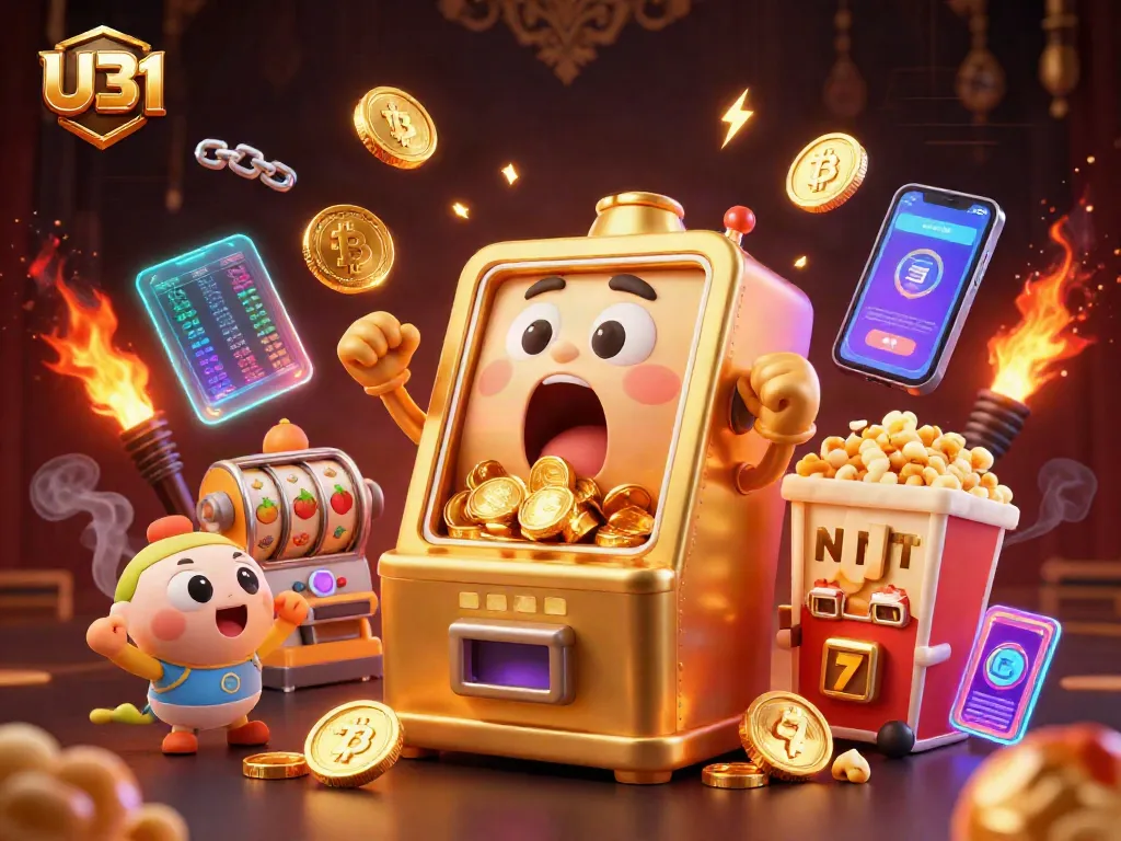 U31 slot machine celebrates hitting jackpot, surrounded by glowing crypto coins and vibrant casino elements.