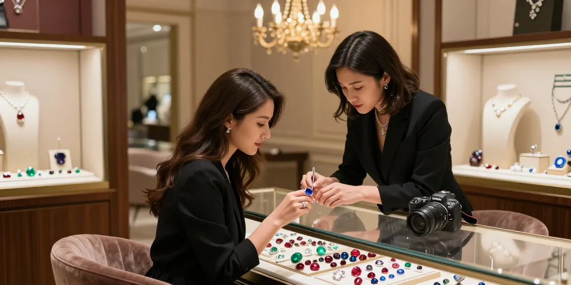 Eager customer exploring gemstones at https://www.mygemspot.com in a luxurious jewelry boutique.
