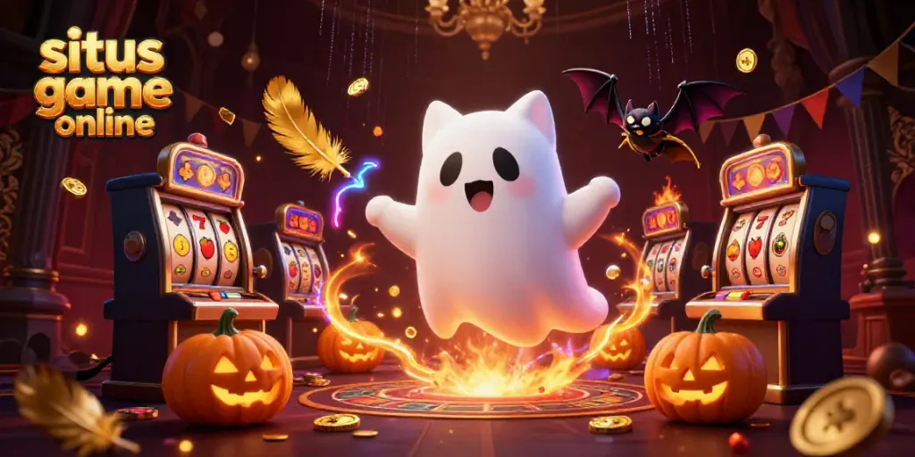 Engaging illustration of a friendly ghost cat and a bat in a haunted casino, showcasing situs game online.