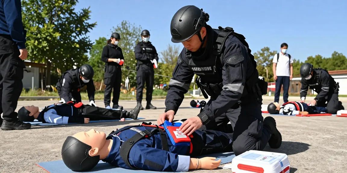 Stop the Bleed Kit training session outdoors with engaged participants learning emergency first aid techniques.