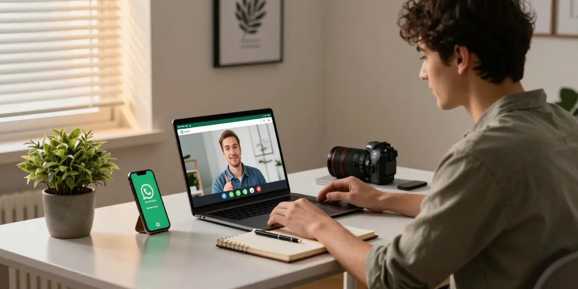 Professional using WhatsApp網頁版 in a modern home office setting, engaged in video call.