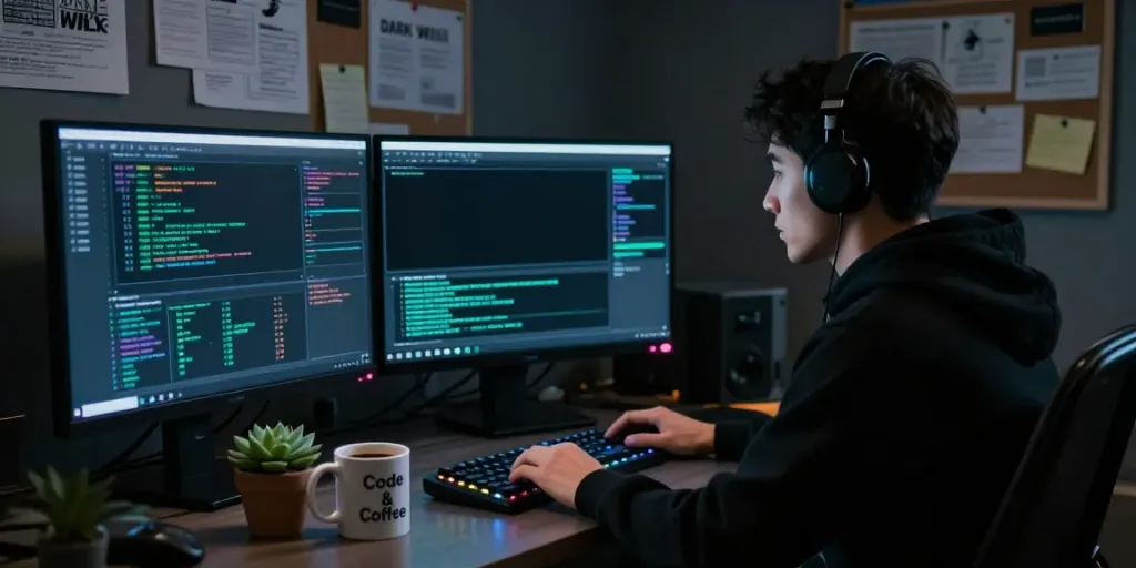 The hidden wiki exploration in a cybersecurity expert's workspace with dual monitors showing dark web data.