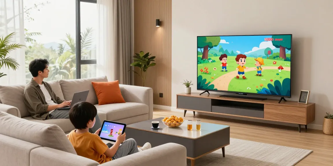 Famille profitant de leur abonnement IPTV dans un salon moderne et accueillant.