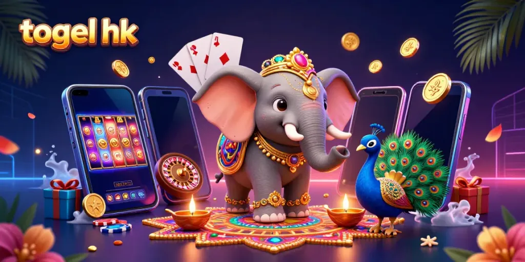 Menghasilkan angka togel hk dari elemen keberuntungan dengan gajah dan merak yang berwarna-warni dan penuh detail.