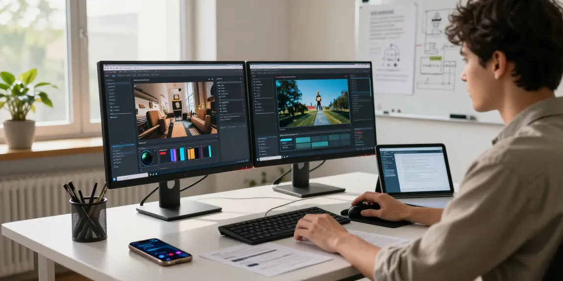 A professional workspace featuring a person using a free AI image detector on dual monitors, showcasing advanced tech tools.