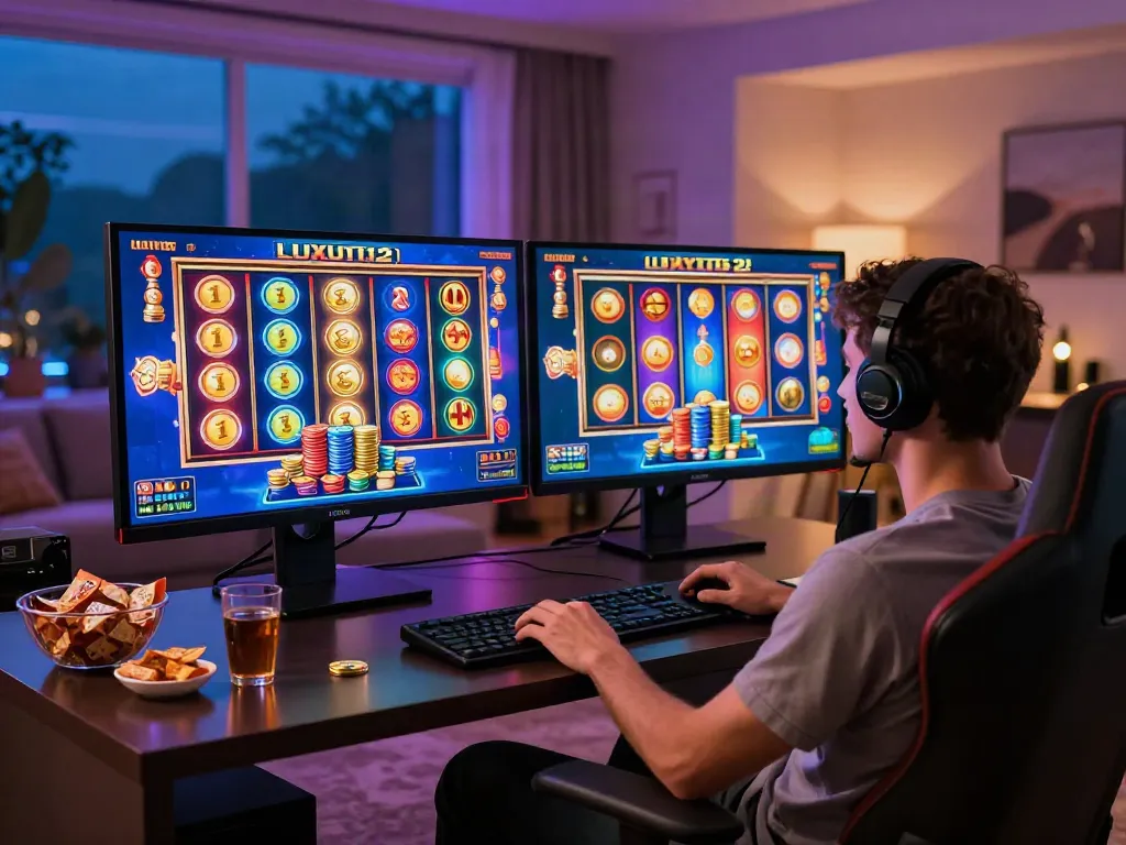 Exciting luxury12 online casino gaming scene with player enjoying spinning slots.