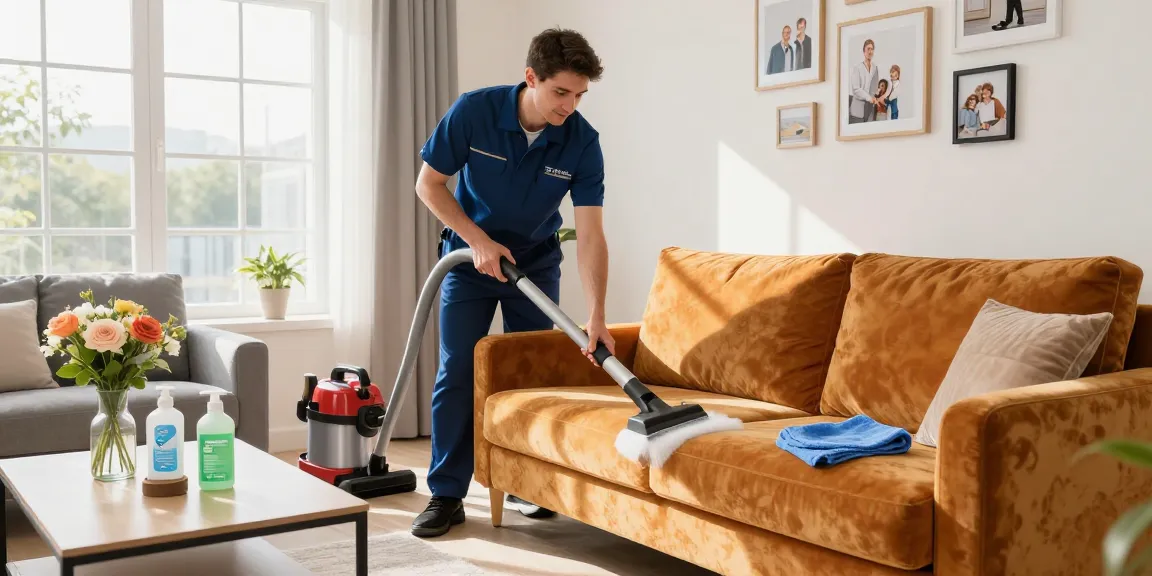 Upholstery cleaning service technician expertly cleaning a colorful sofa in a bright living room.