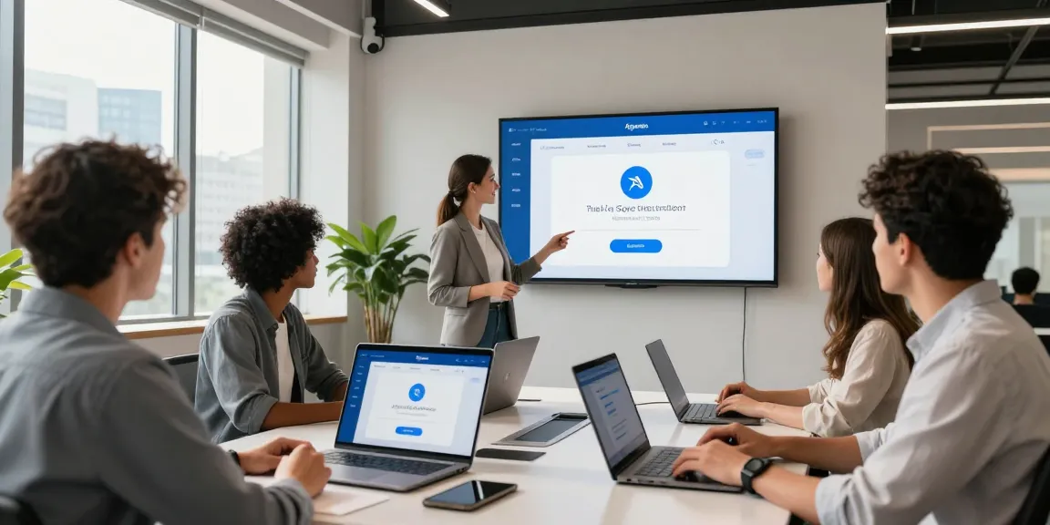 Team collaborating on an age verification system in a modern tech office.