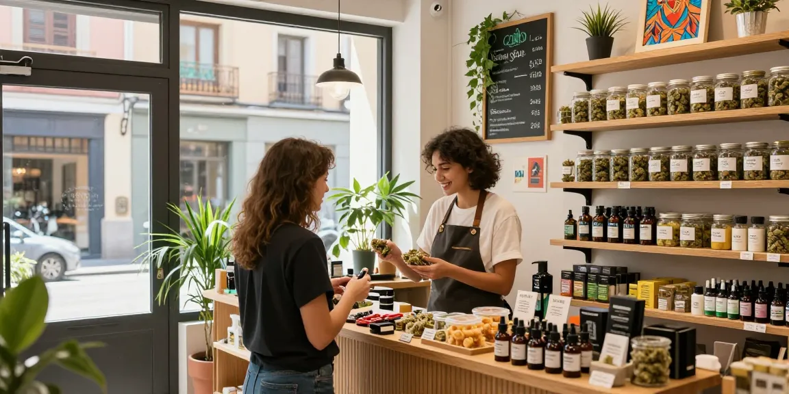 Cannabis Shop à Madrid featuring a vibrant interior with cannabis products, friendly staff, and inviting atmosphere.