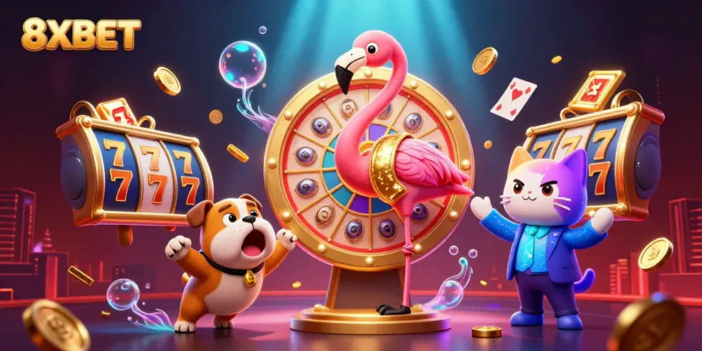 Engage with 8XBET's thrilling gaming atmosphere featuring a flamingo host and dog contestant.