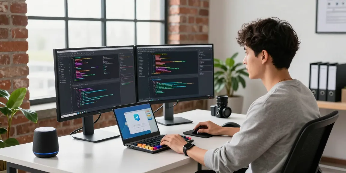 Modern tech workspace with a developer coding on Telegram's 纸飞机中文版 app, showcasing productivity and innovation.