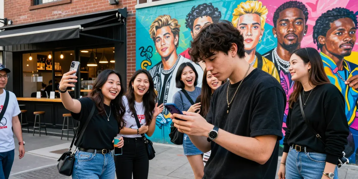 Engaging scene of friends using a celebrity look-alike app, surrounded by vibrant street art.
