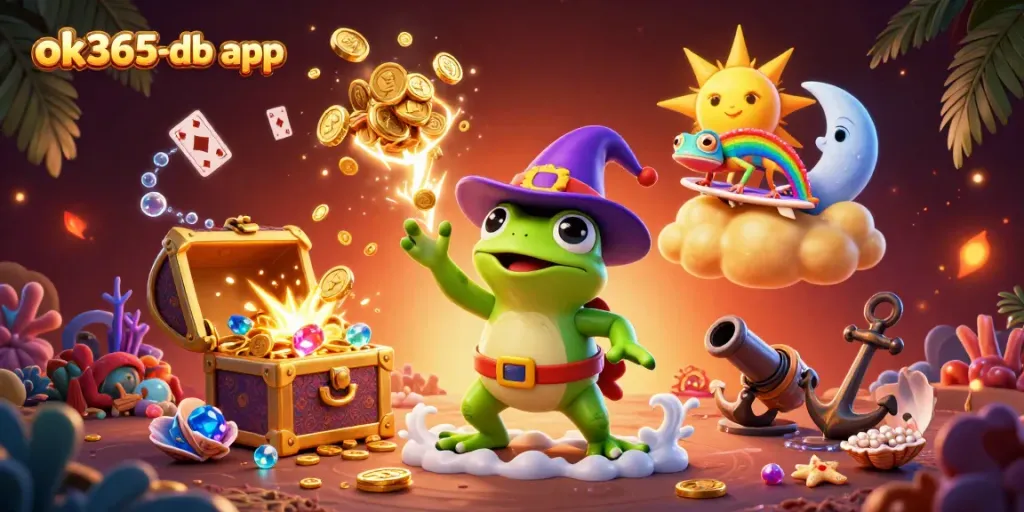 Experience a thrilling game atmosphere with the ok365-db app featuring a frog wizard and chameleon amidst golden coins.