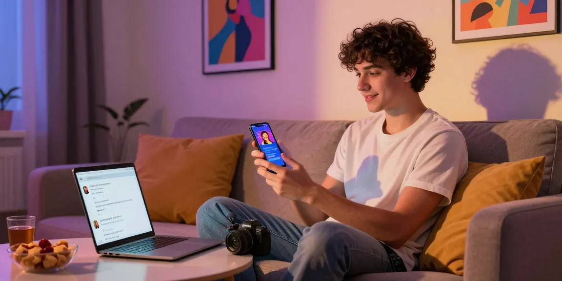 Engaging NSFW AI chat scene with a young adult using a smartphone in a cozy setting.