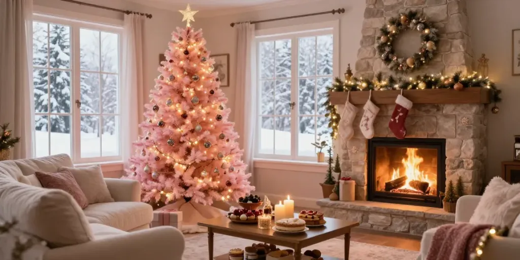 Decorated pink Christmas tree in a cozy living room with a warm ambiance.