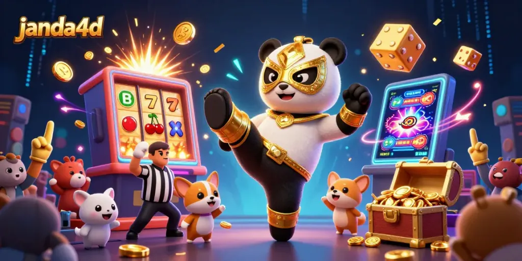 Permainan slot menarik di janda4d dengan panda petarung dan penonton hewan.