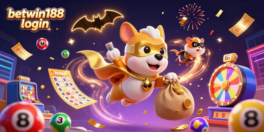 Visualisasikan betwin188 login dengan karakter pahlawan superhero dan elemen permainan kasino berwarna-warni.