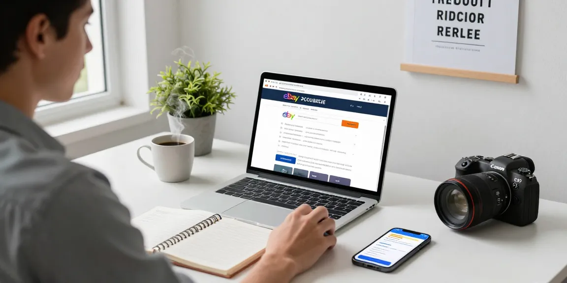 Focused workspace scene for buying eBay account for sale, featuring e-commerce tools and resources in a modern setting.