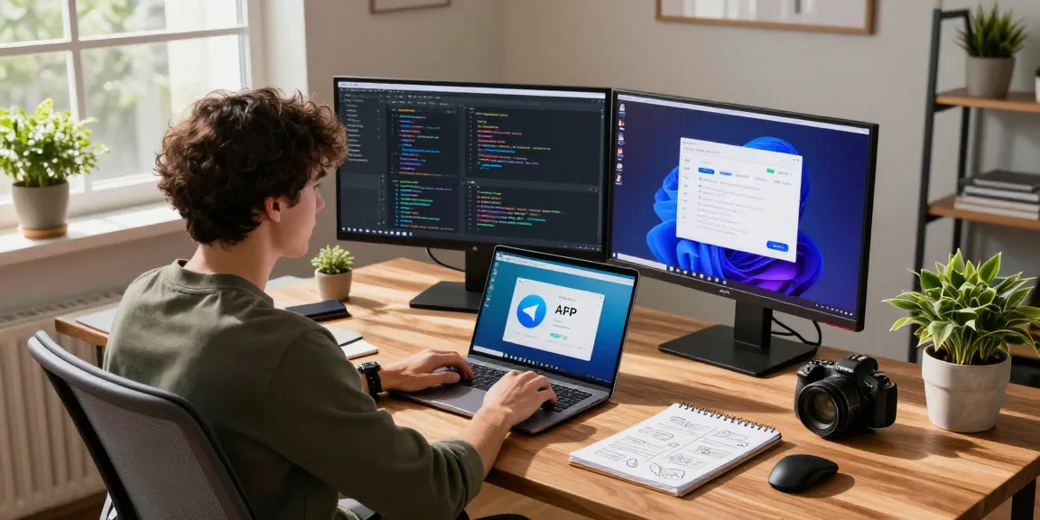 Developer using Telegram Chinese version APK in a bright home office setting with dual monitors.