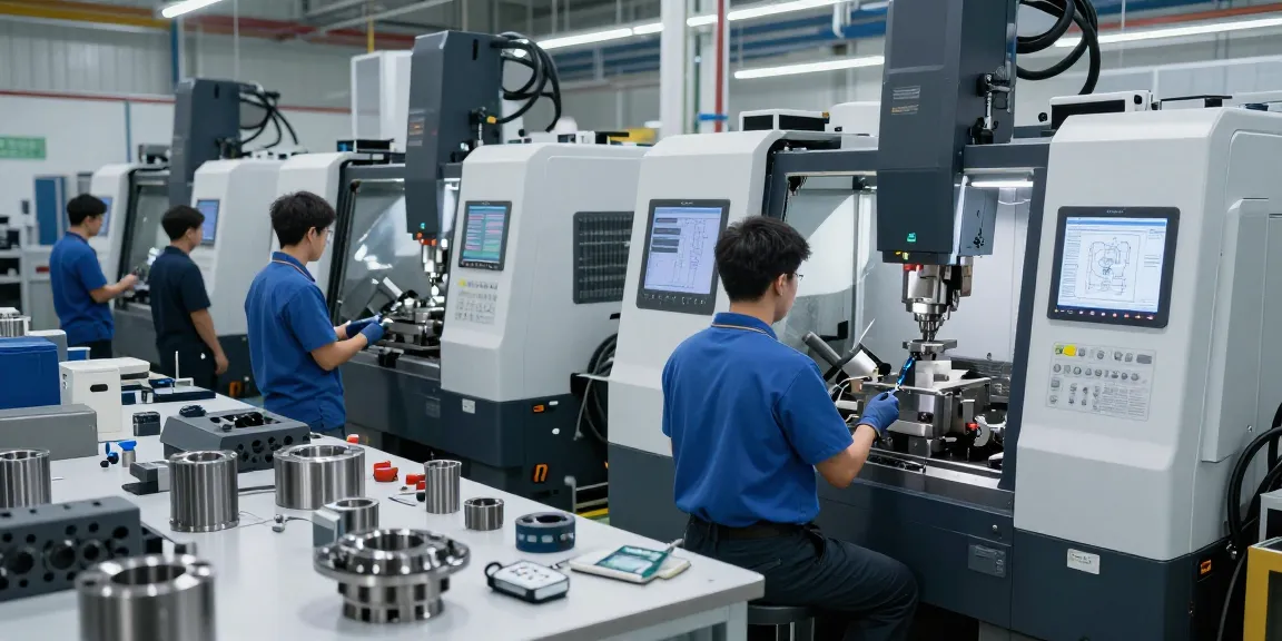 CNC machining service in action, with technicians operating advanced machines and reviewing design plans in a modern manufacturing setting.