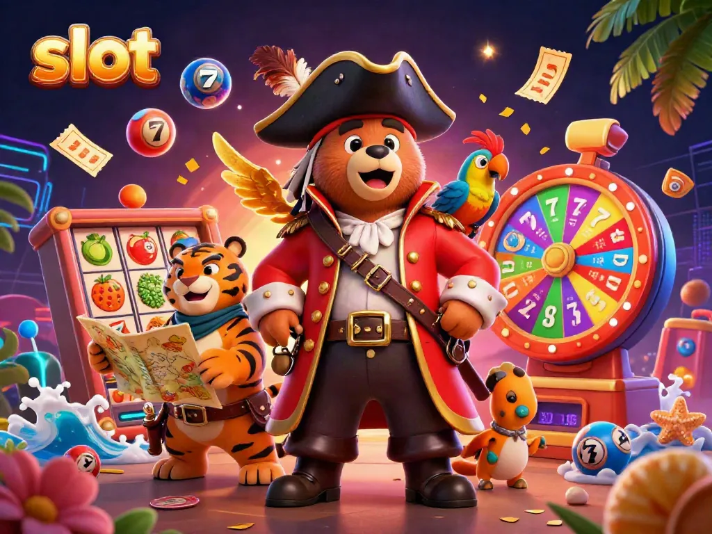 Slot yang meriah dengan simbol jackpot, beragam bola lotre, dan pemandangan yang ramai.