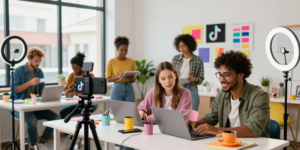 Creators filming TikTok content to buy real TikTok views in a vibrant modern workspace