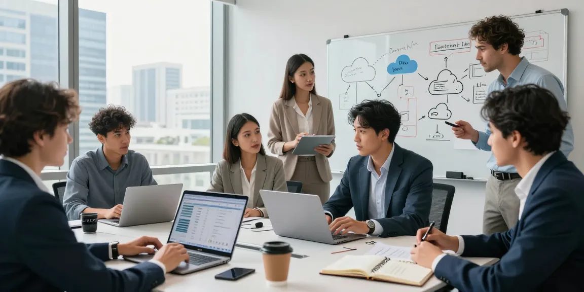 Team collaborating on cloud-based telephony solutions in a corporate office, showcasing מרכזיה בענן technology.