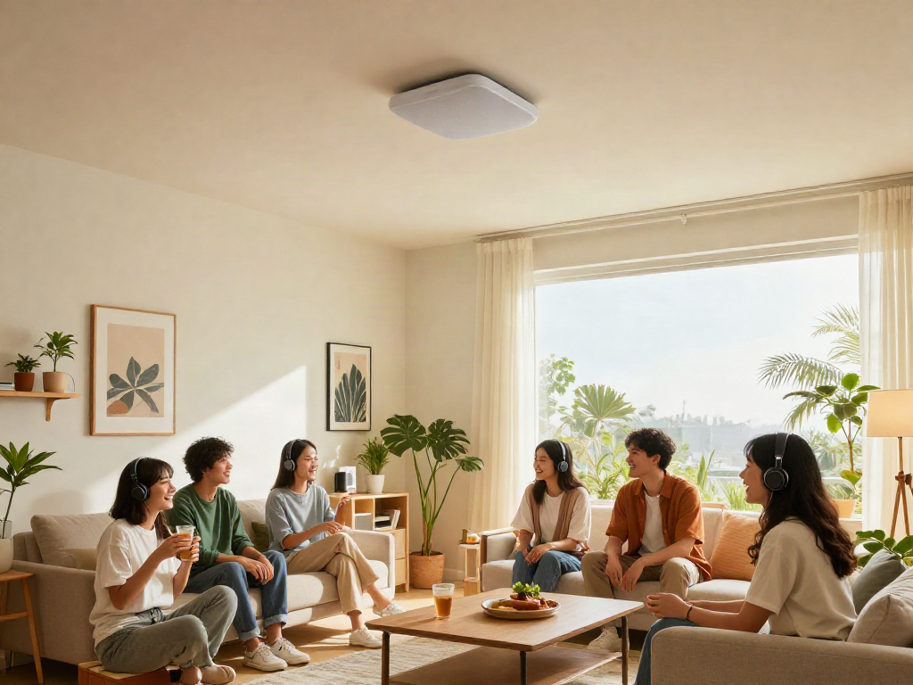 خرید اسپیکر سقفی showcased in a vibrant home setting with friends enjoying music.