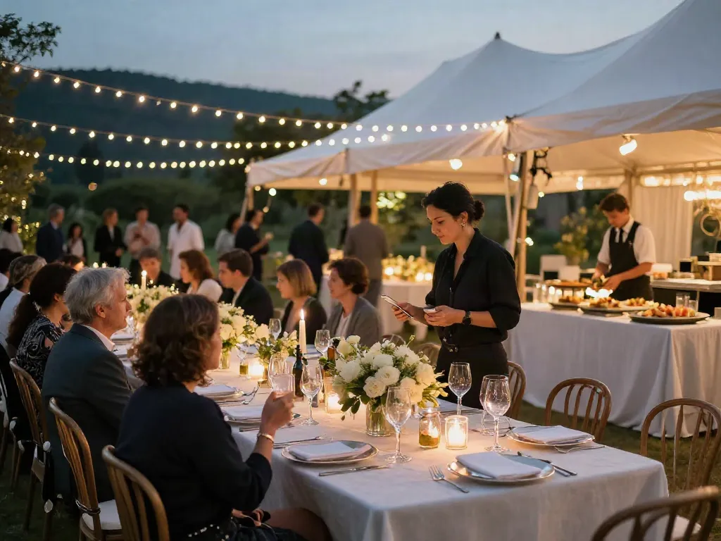 Stunning outdoor event rentals featuring elegant tables and sparkling lights.