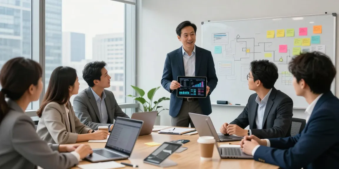 Terry Hui leading a business meeting with diverse team at a modern office, showcasing collaboration and innovation.