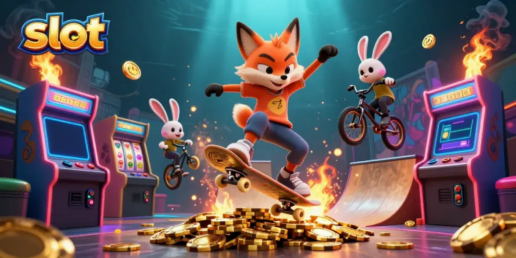 Experience the thrill of slot games with a vibrant, cartoonish scene featuring fun characters and dynamic casino elements.