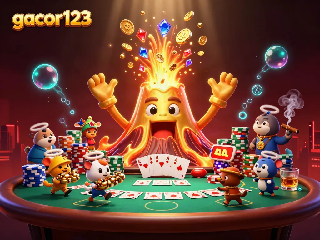 Experience the excitement of gacor123 as a golden volcano erupts coins amidst fleeing treasure-seeking animals.
