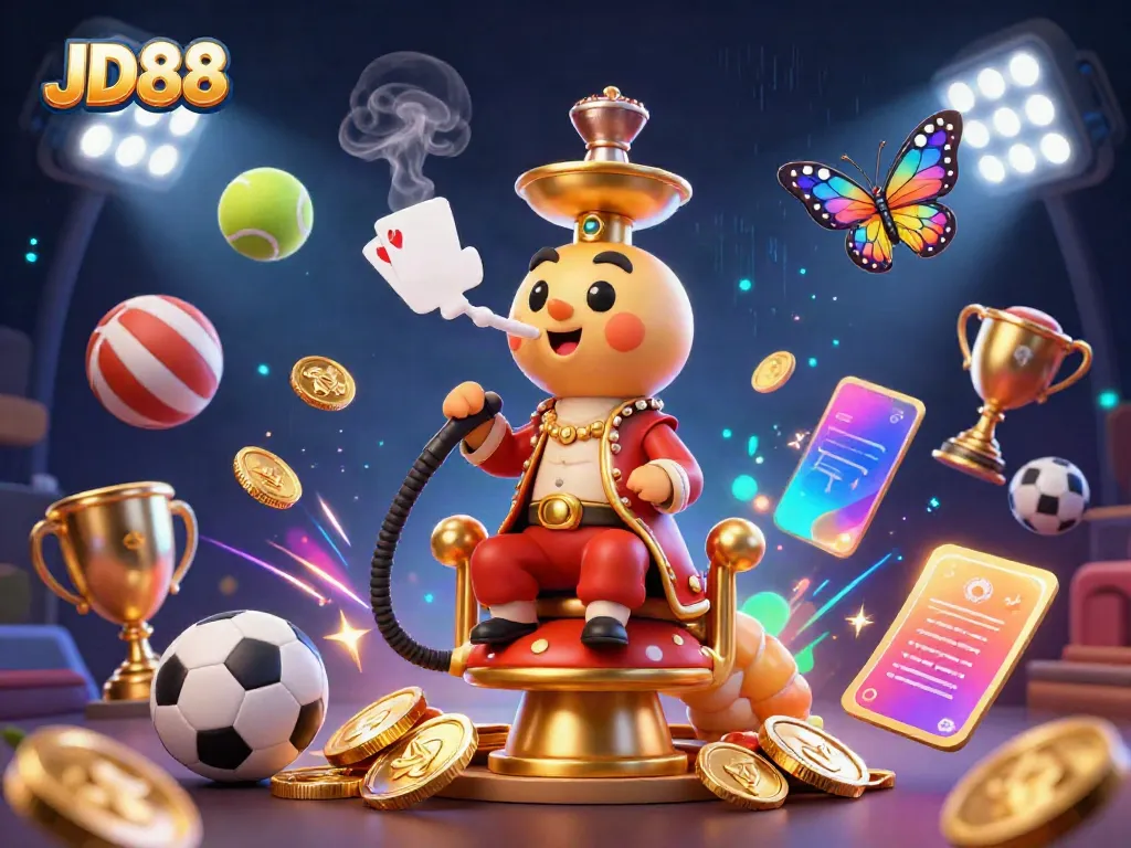 Play exciting games at JD88 with a vibrant 3D illustration capturing casino elements.