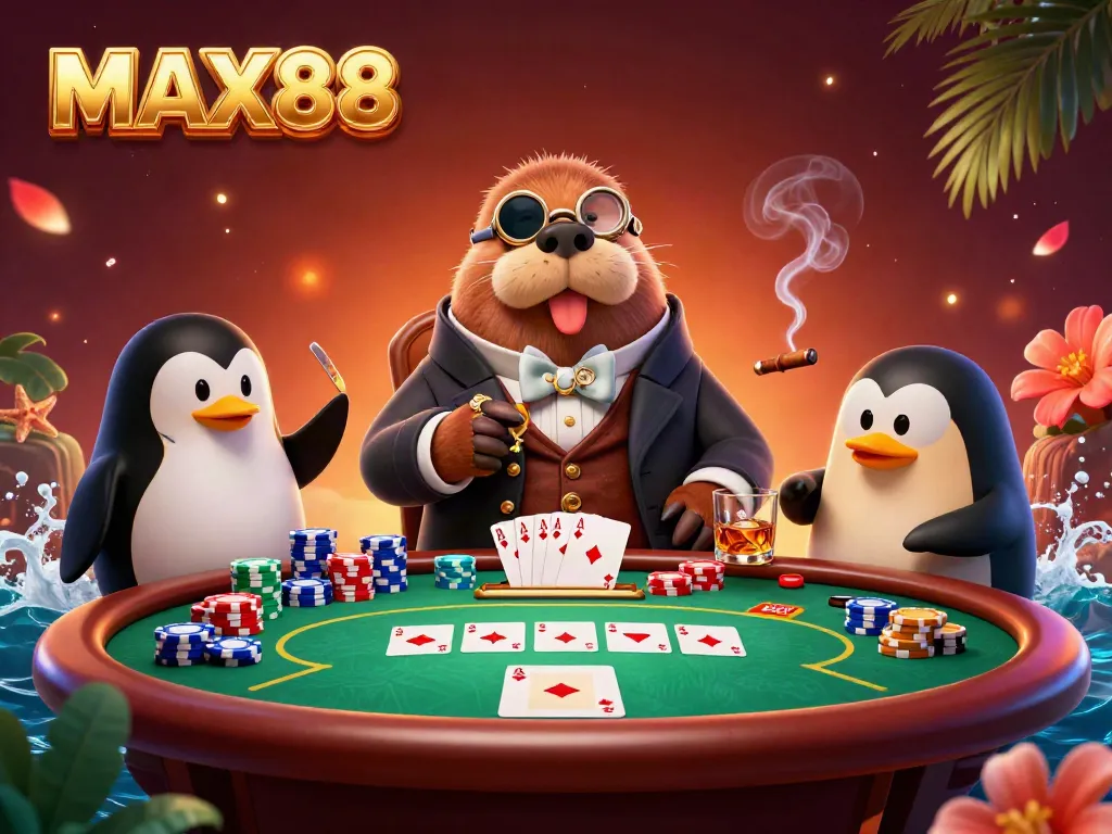 Jolly walrus at an underwater poker table with penguin dealer in MAX88-themed casino illustration.