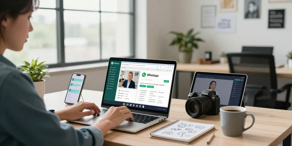 Using WhatsApp網頁版 for communication in a modern workspace with laptop and smartphone.