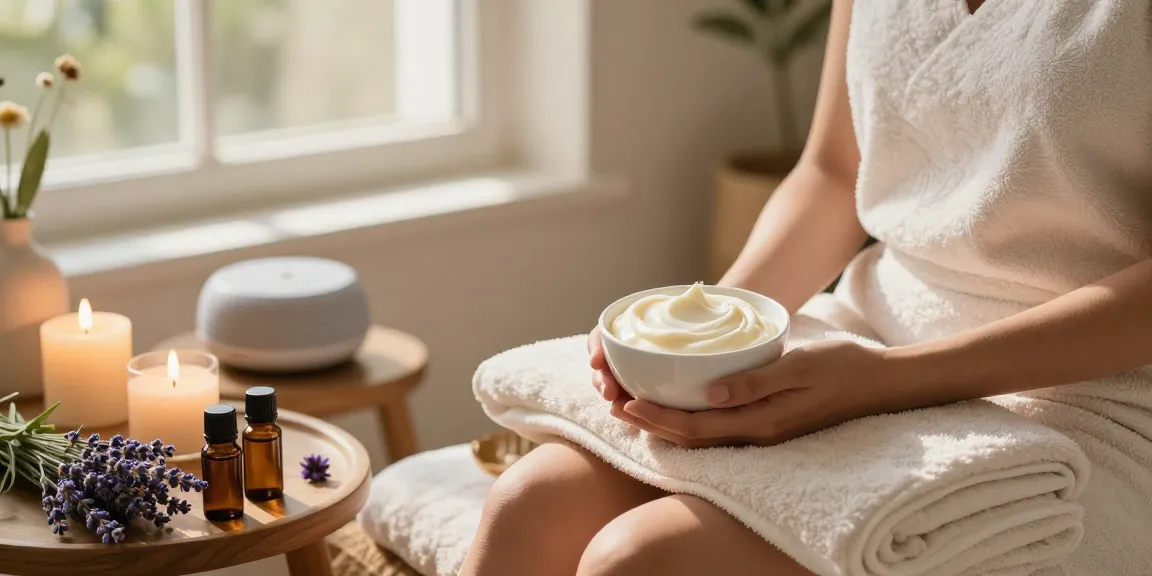 De stress Whipped Body Butter in a calming spa setting with candles and lavender