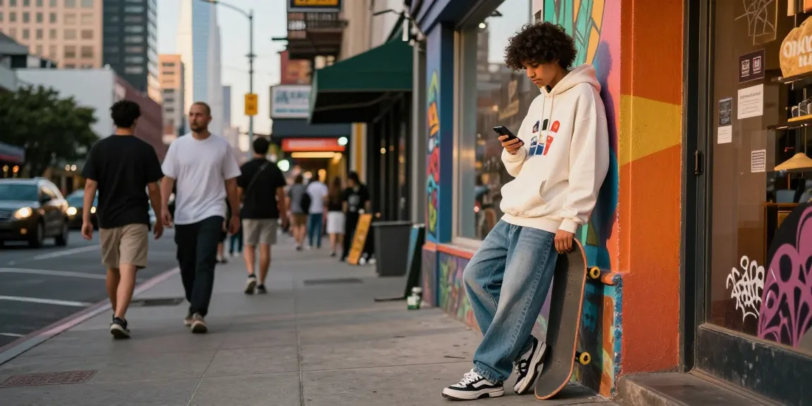 Stylish model in oversized essential hoodie and jeans in urban setting, showcasing modern street fashion.