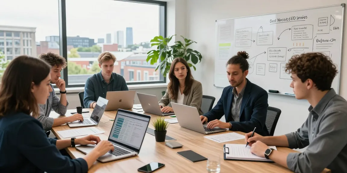 Collaborative team working on Best Newcastle SEO Services strategy in modern office