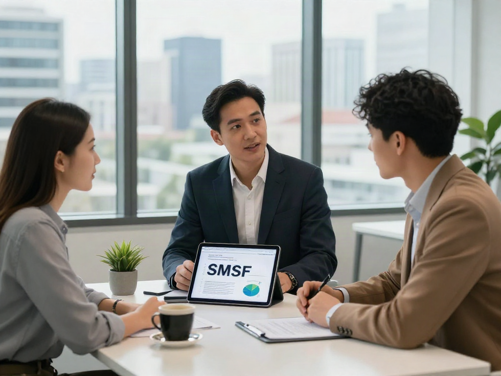 Couple discussing SMSF set up with an advisor in a modern office.