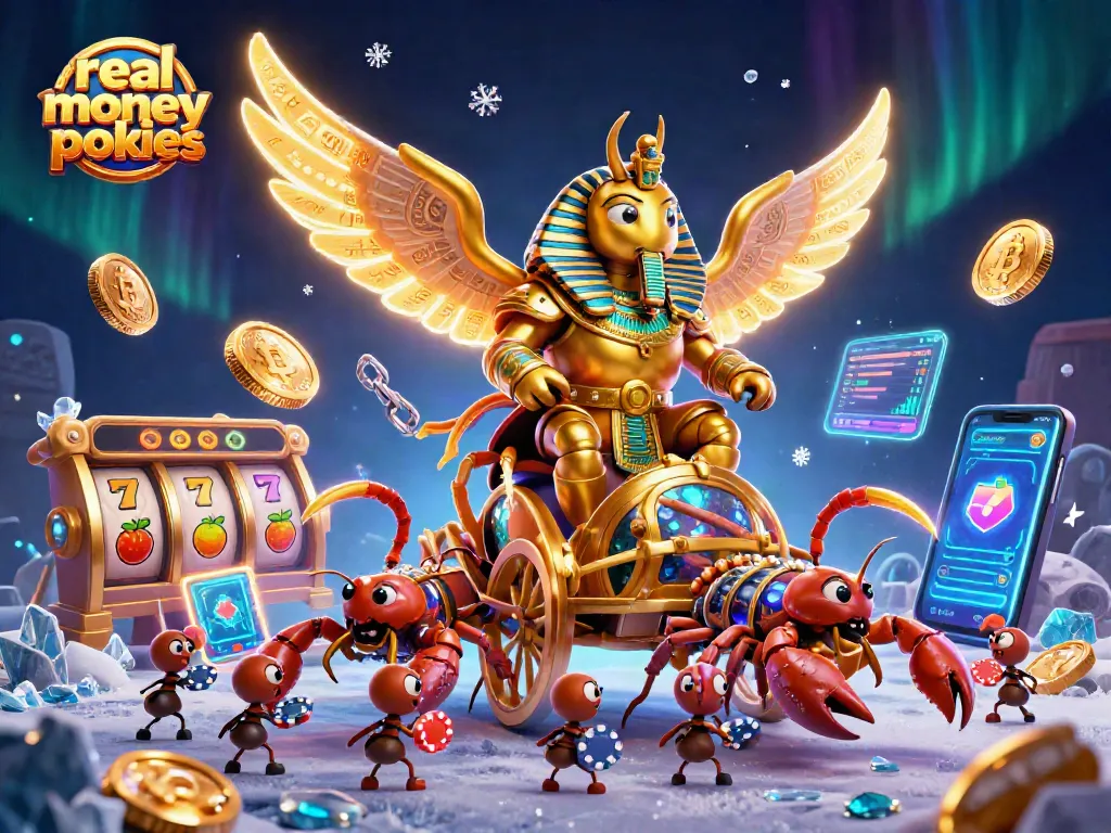 Win with real money pokies in a vibrant, dynamic 3D casino illustration filled with vibrant characters.