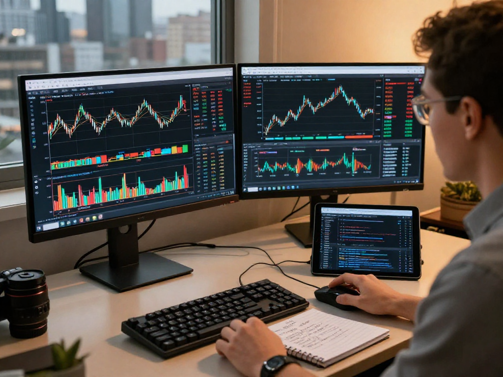 MetaTrader 5 交易者在现代办公桌上分析多种金融资产的图表，展示高效的交易环境。