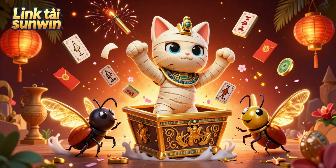 Engage with Link tải sunwin in a vibrant, animated scene featuring a mummy cat and casino elements.